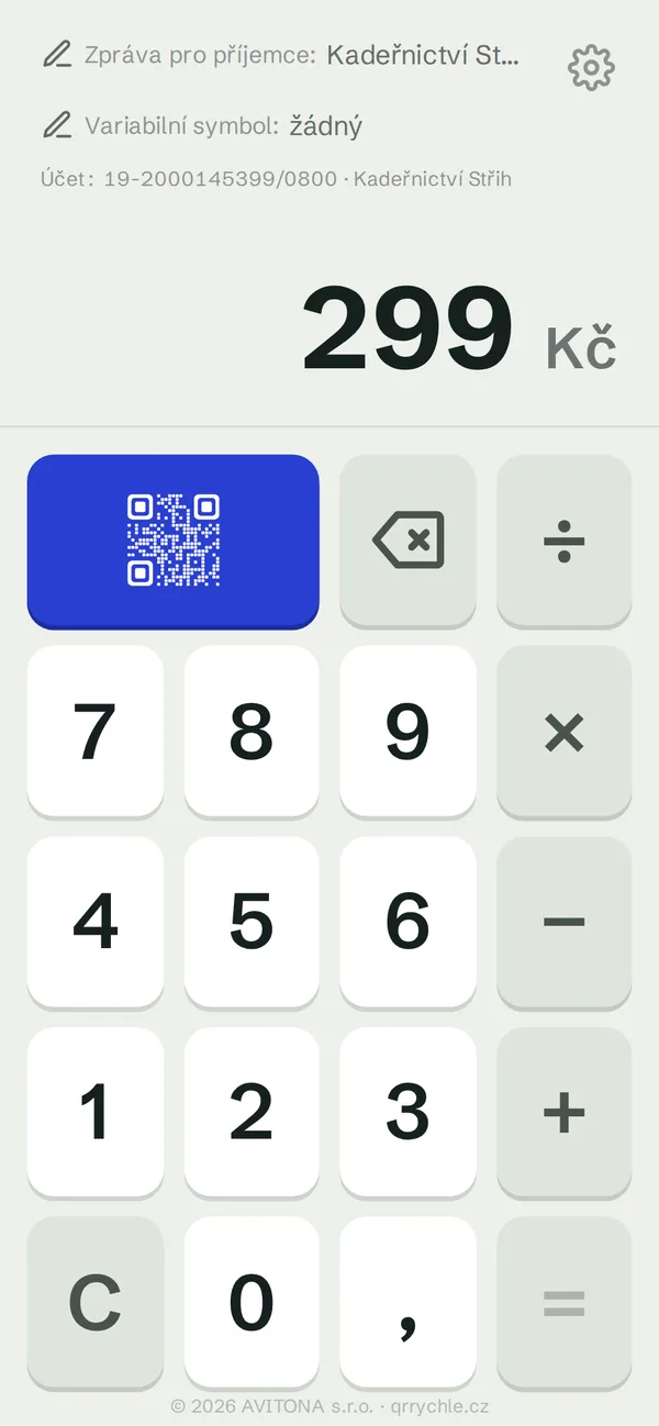 Kalkulačka v appce QR rychle s částkou 299 Kč
